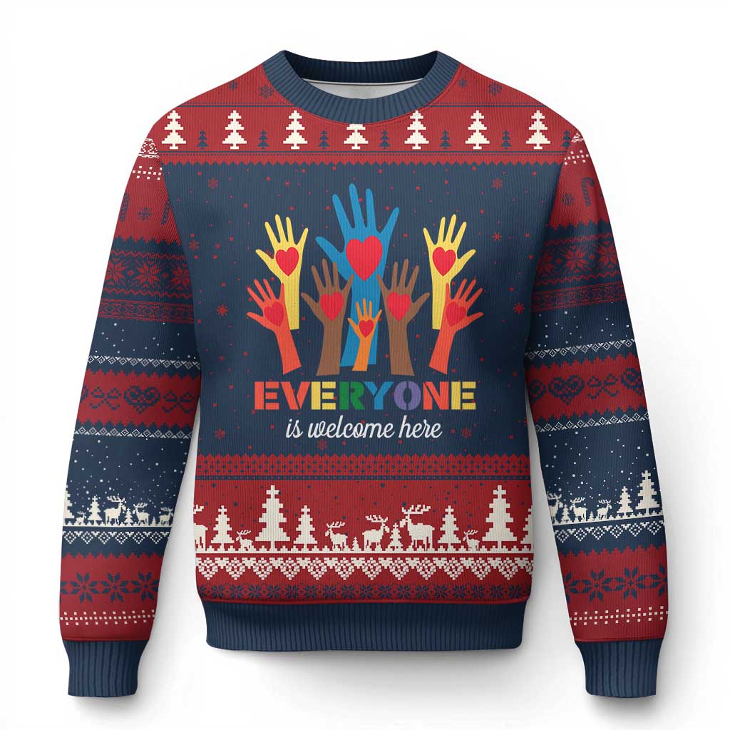 Everyone Is Welcome Here Ugly Christmas Sweater Equality Rainbow Fist Hands TS02 Navy Red Print Your Wear