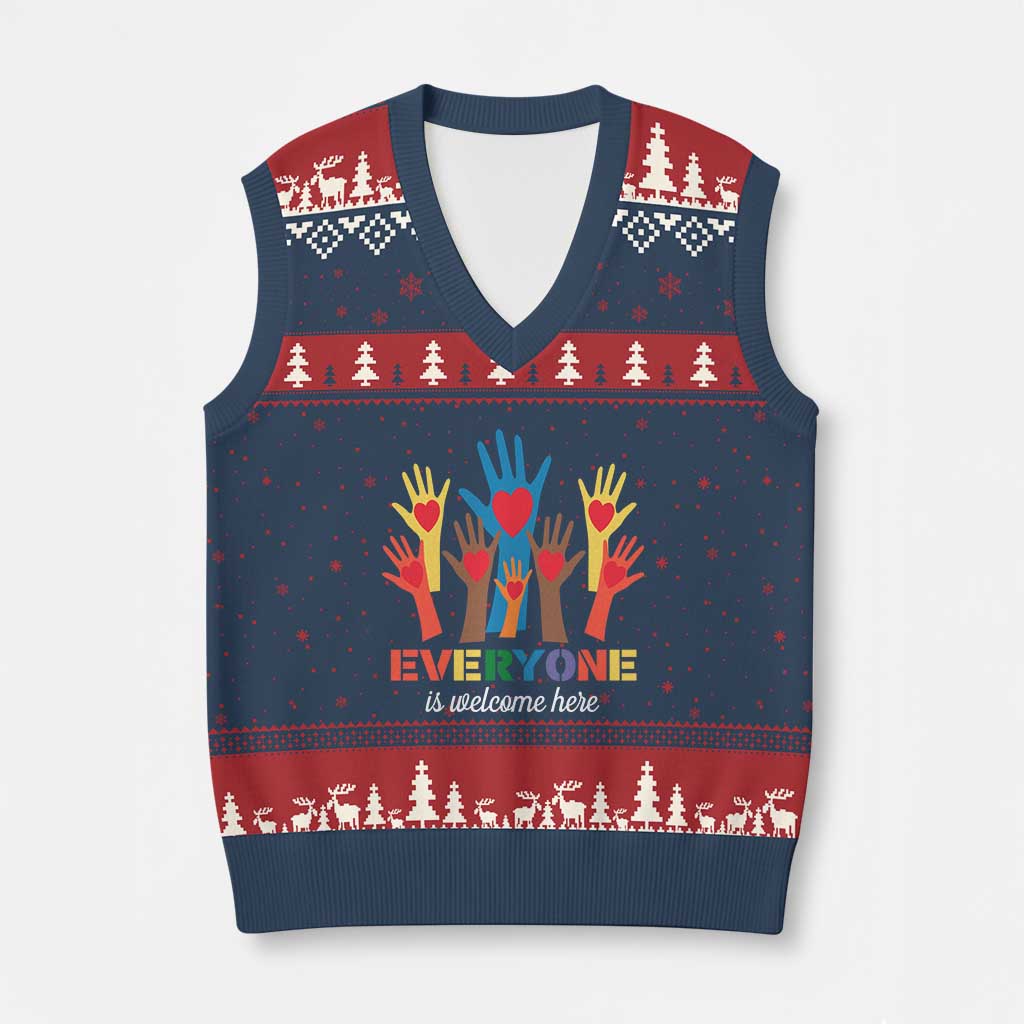 Everyone Is Welcome Here V-Neck Knit Sweater Vest Equality Rainbow Fist Hands TS02 Navy Red Print Your Wear