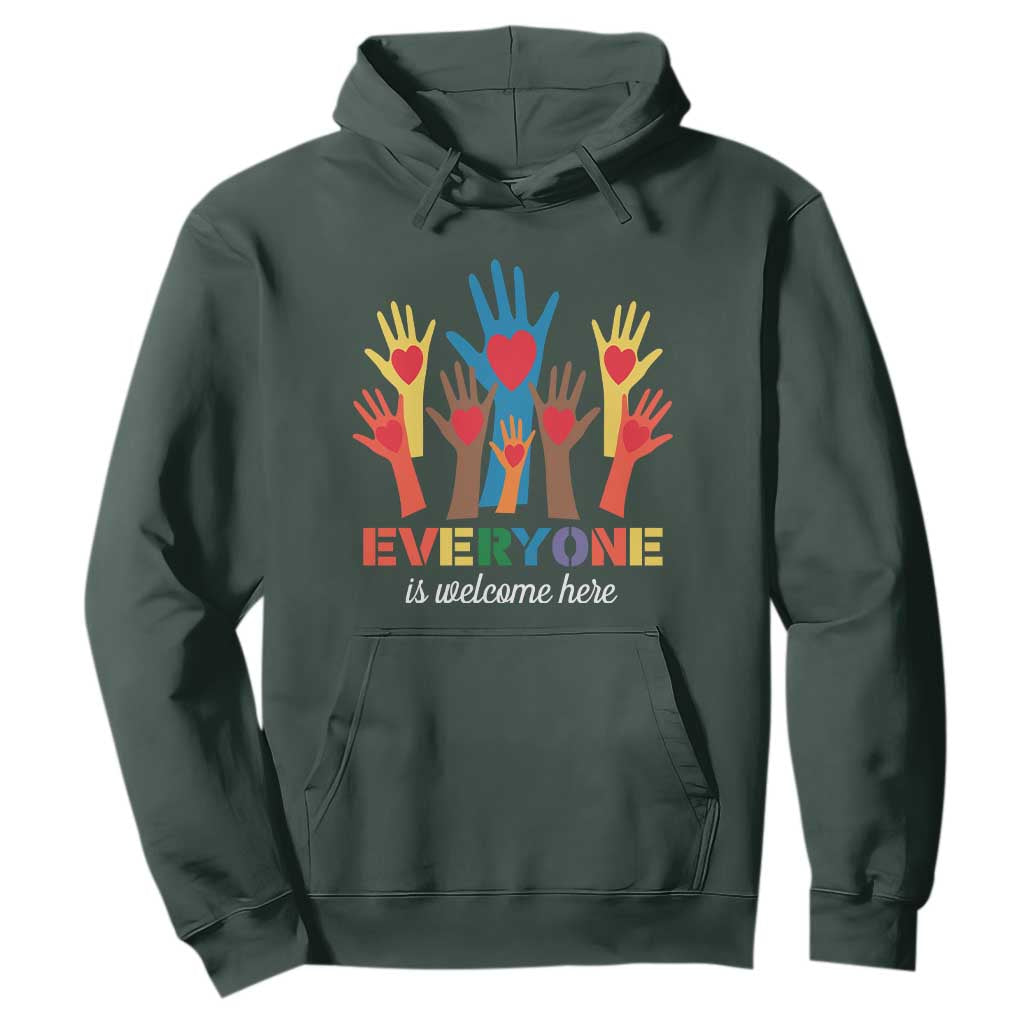Everyone Is Welcome Here Hoodie Equality Rainbow Fist Hands TS02 Dark Forest Green Print Your Wear