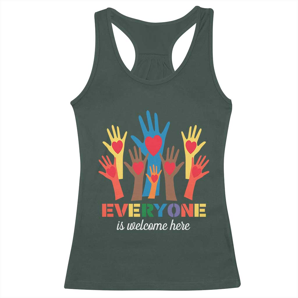 Everyone Is Welcome Here Racerback Tank Top Equality Rainbow Fist Hands TS02 Dark Forest Green Print Your Wear