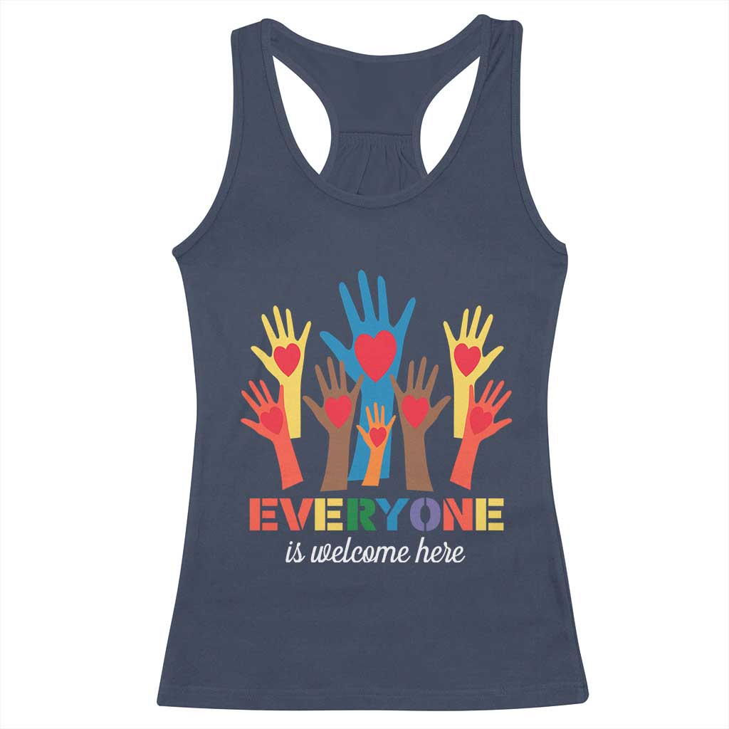 Everyone Is Welcome Here Racerback Tank Top Equality Rainbow Fist Hands TS02 Navy Print Your Wear