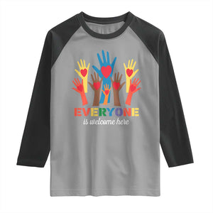 Everyone Is Welcome Here Raglan Shirt Equality Rainbow Fist Hands TS02 Sport Gray Black Print Your Wear