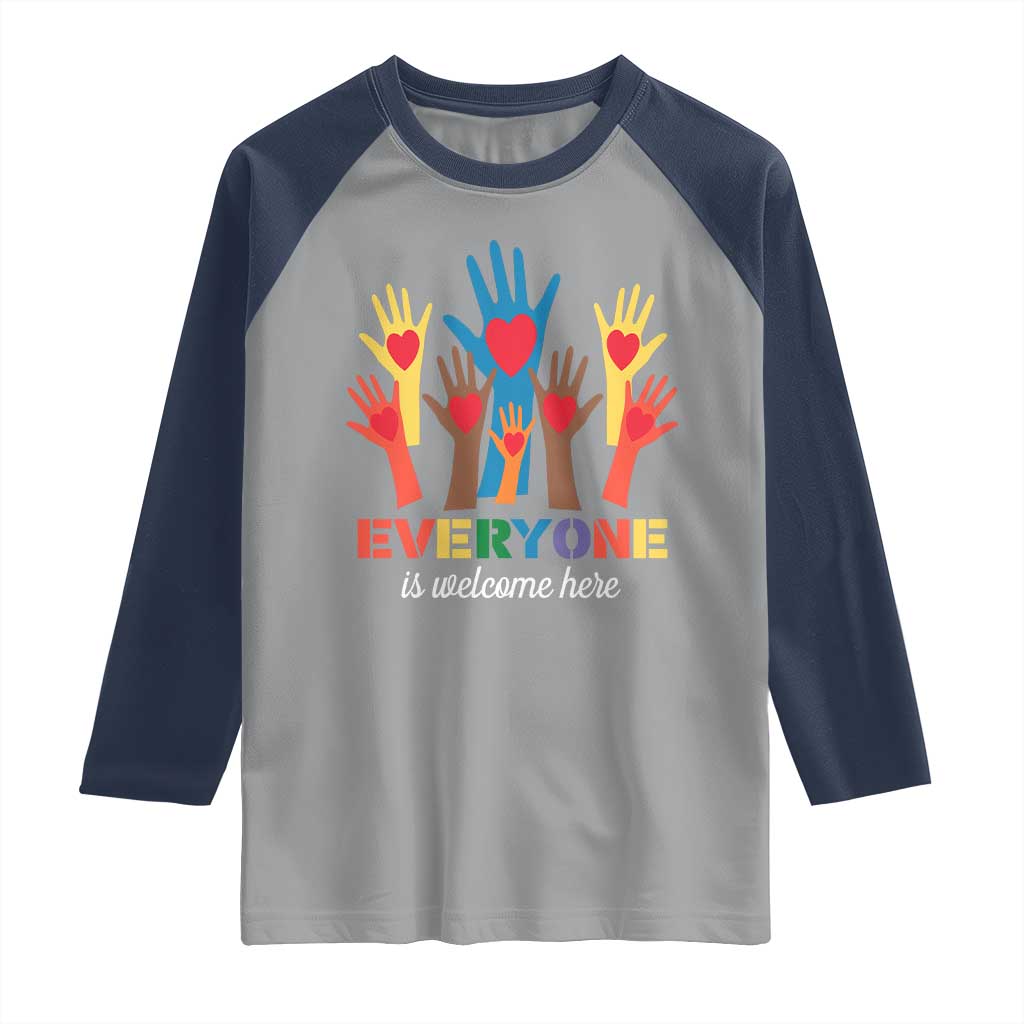 Everyone Is Welcome Here Raglan Shirt Equality Rainbow Fist Hands TS02 Sport Gray Navy Print Your Wear