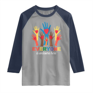 Everyone Is Welcome Here Raglan Shirt Equality Rainbow Fist Hands TS02 Sport Gray Navy Print Your Wear