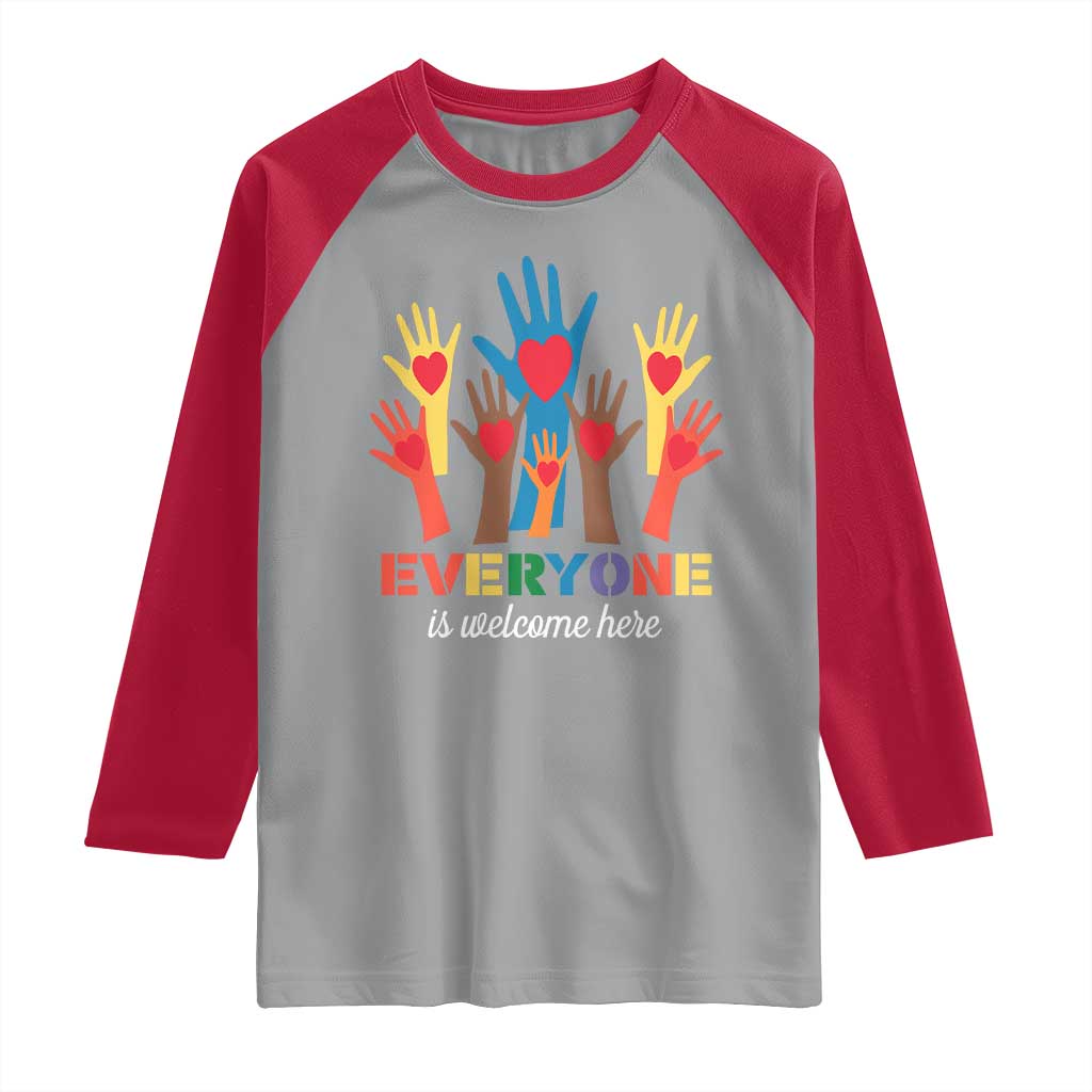 Everyone Is Welcome Here Raglan Shirt Equality Rainbow Fist Hands TS02 Sport Gray Red Print Your Wear