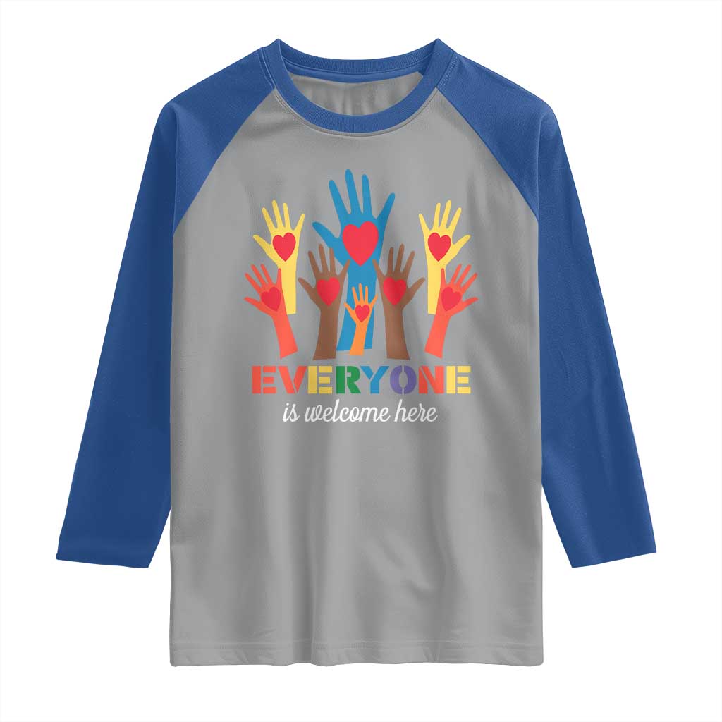 Everyone Is Welcome Here Raglan Shirt Equality Rainbow Fist Hands TS02 Sport Gray Royal Print Your Wear