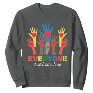 Everyone Is Welcome Here Sweatshirt Equality Rainbow Fist Hands TS02 Dark Heather Print Your Wear
