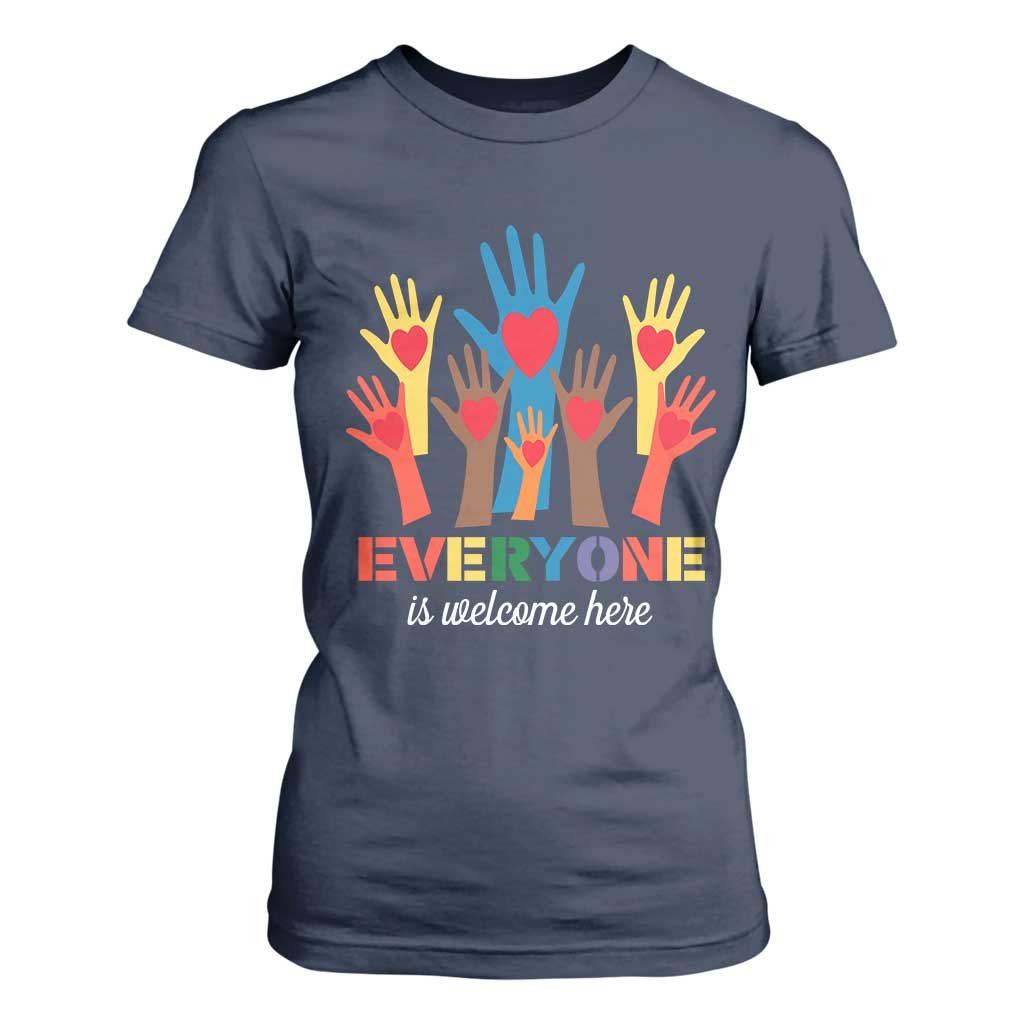 Everyone Is Welcome Here T Shirt For Women Equality Rainbow Fist Hands TS02 Navy Print Your Wear