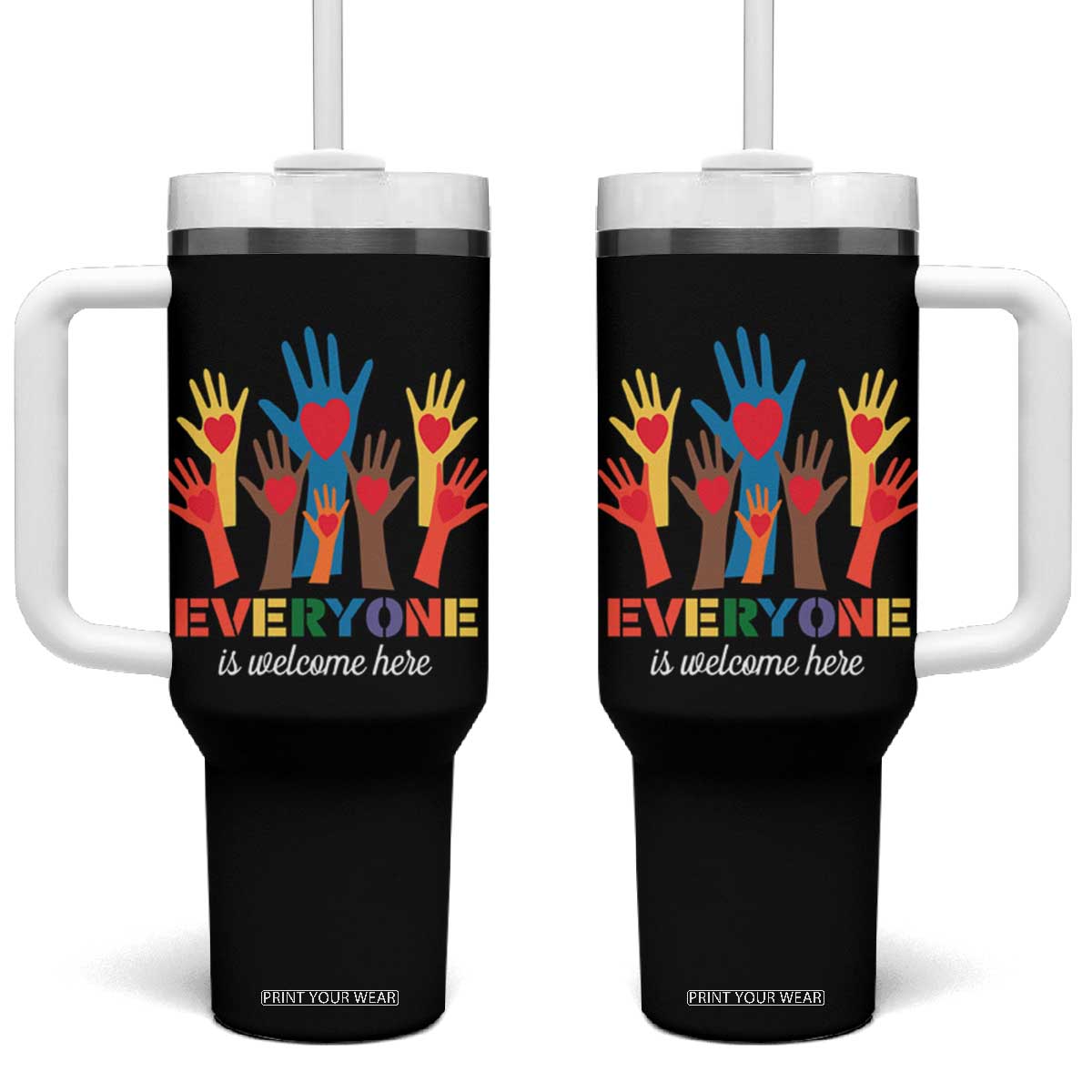 Everyone Is Welcome Here Tumbler With Handle Equality Rainbow Fist Hands TS02 One Size: 40 oz Black Print Your Wear
