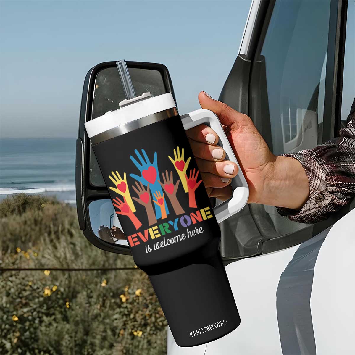 Everyone Is Welcome Here Tumbler With Handle Equality Rainbow Fist Hands TS02 Print Your Wear