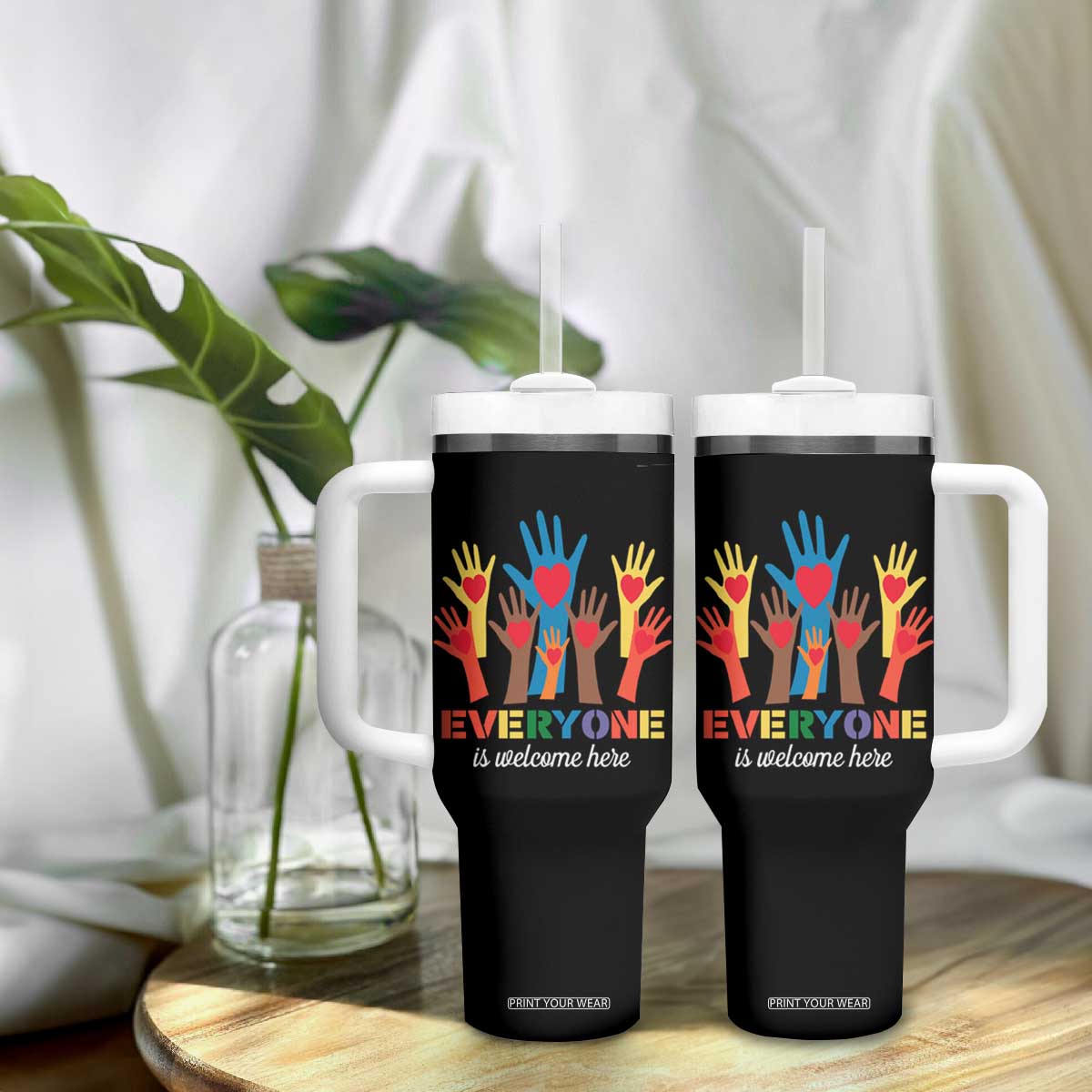 Everyone Is Welcome Here Tumbler With Handle Equality Rainbow Fist Hands TS02 Print Your Wear