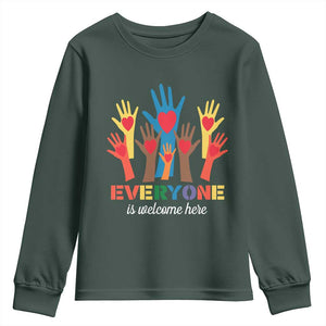 Everyone Is Welcome Here Youth Sweatshirt Equality Rainbow Fist Hands TS02 Dark Forest Green Print Your Wear