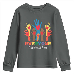 Everyone Is Welcome Here Youth Sweatshirt Equality Rainbow Fist Hands TS02 Dark Heather Print Your Wear
