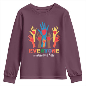 Everyone Is Welcome Here Youth Sweatshirt Equality Rainbow Fist Hands TS02 Maroon Print Your Wear