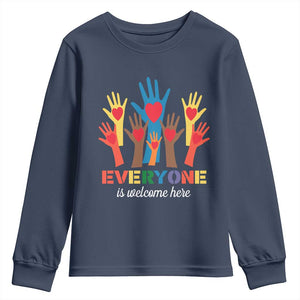 Everyone Is Welcome Here Youth Sweatshirt Equality Rainbow Fist Hands TS02 Navy Print Your Wear