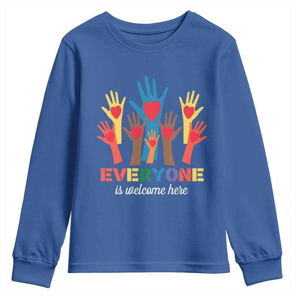 Everyone Is Welcome Here Youth Sweatshirt Equality Rainbow Fist Hands TS02 Royal Blue Print Your Wear