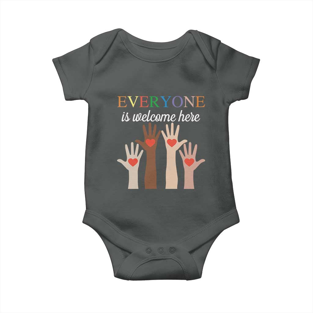 Everyone Is Welcome Here Baby Onesie Equality Fist Hands Hearts TS02 Dark Heather Print Your Wear