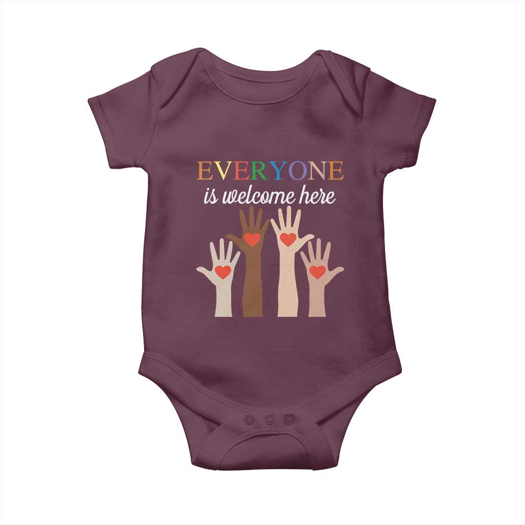 Everyone Is Welcome Here Baby Onesie Equality Fist Hands Hearts TS02 Maroon Print Your Wear