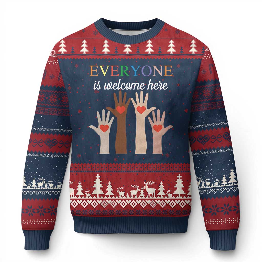 Everyone Is Welcome Here Ugly Christmas Sweater Equality Fist Hands Hearts TS02 Navy Red Print Your Wear