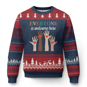 Everyone Is Welcome Here Ugly Christmas Sweater Equality Fist Hands Hearts TS02 Navy Red Print Your Wear