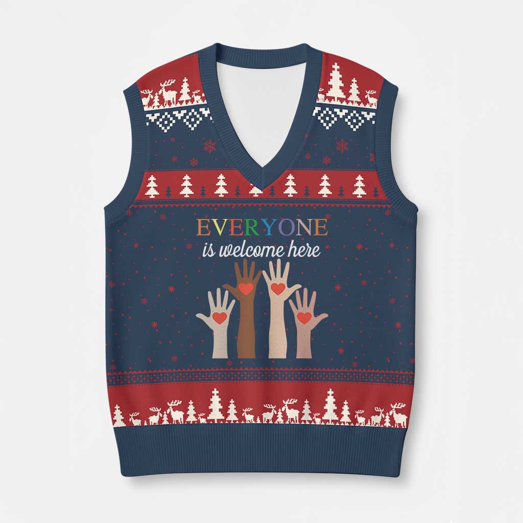Everyone Is Welcome Here V-Neck Knit Sweater Vest Equality Fist Hands Hearts TS02 Navy Red Print Your Wear