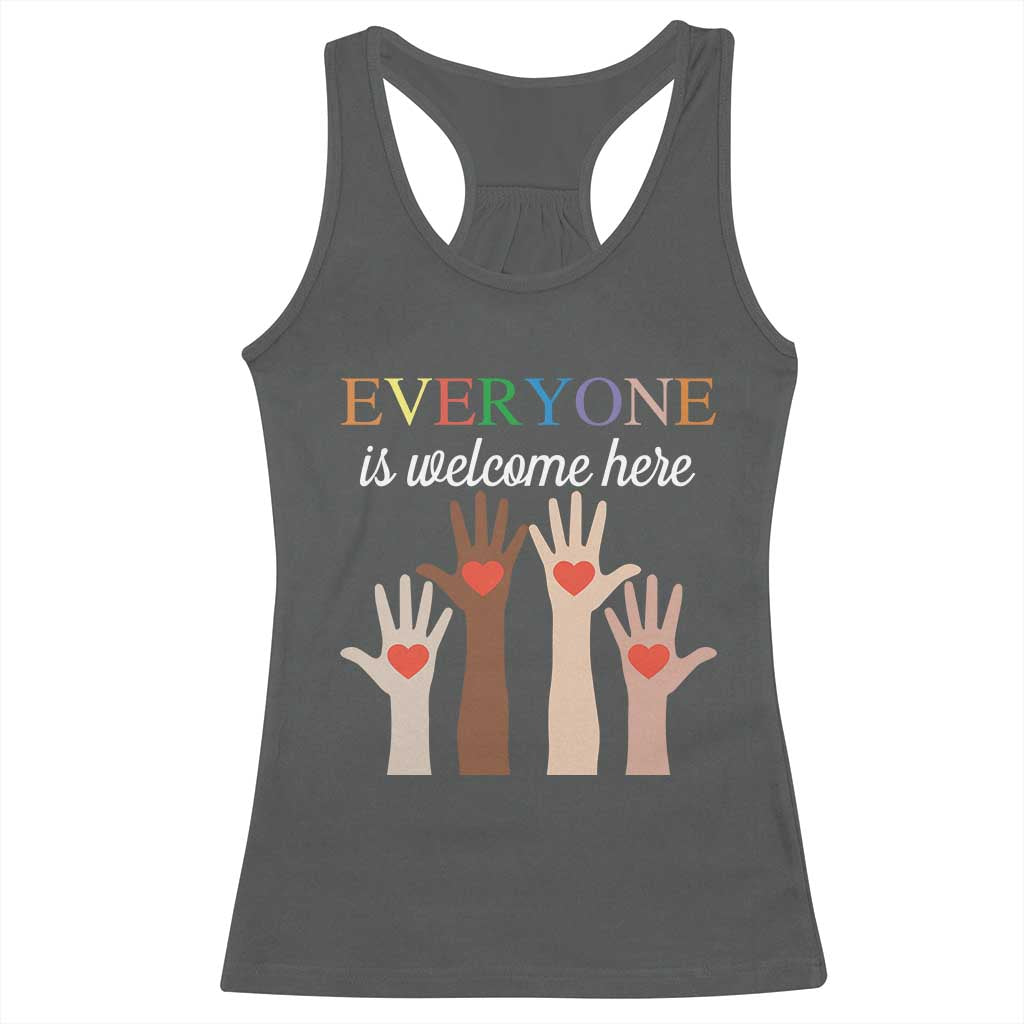 Everyone Is Welcome Here Racerback Tank Top Equality Fist Hands Hearts TS02 Dark Heather Print Your Wear