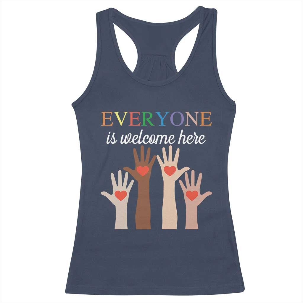 Everyone Is Welcome Here Racerback Tank Top Equality Fist Hands Hearts TS02 Navy Print Your Wear