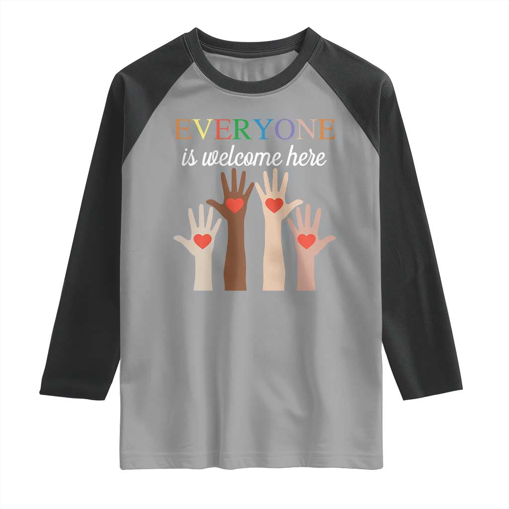 Everyone Is Welcome Here Raglan Shirt Equality Fist Hands Hearts TS02 Sport Gray Black Print Your Wear