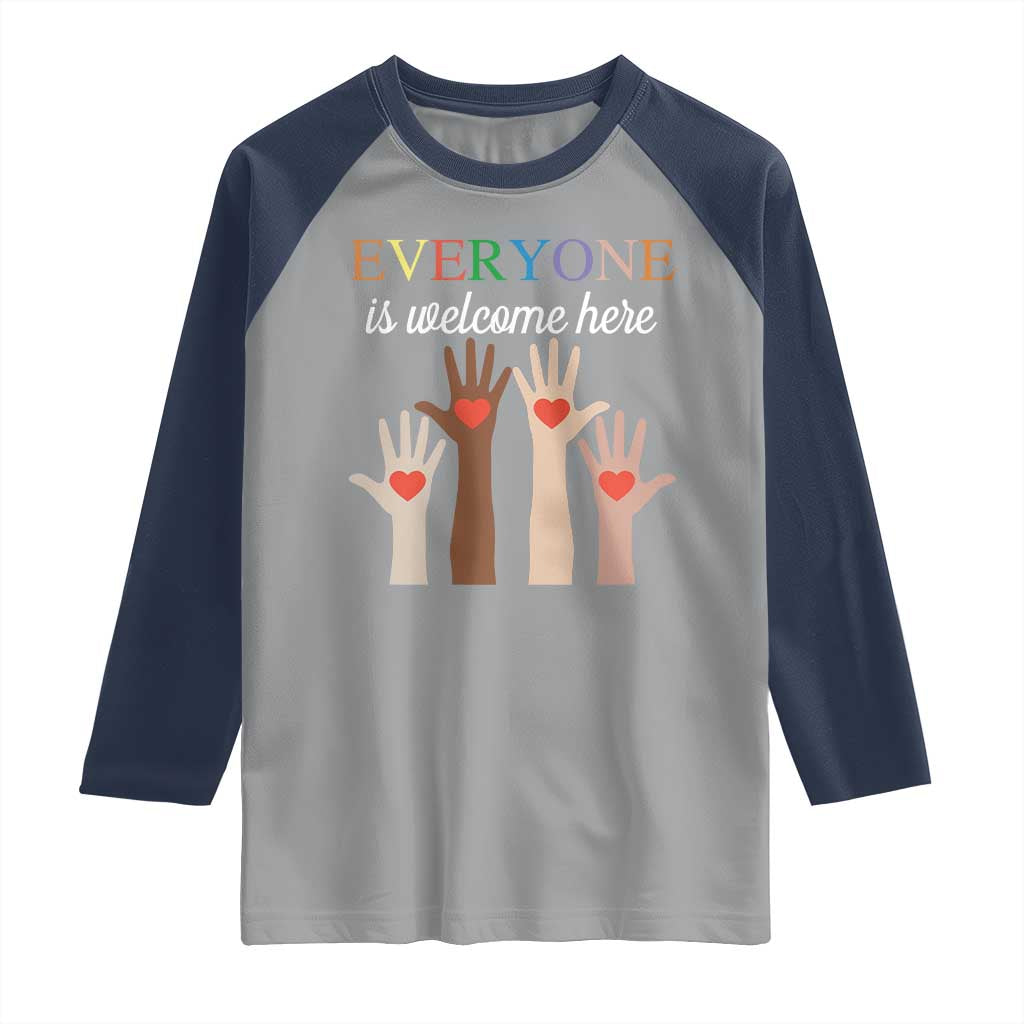Everyone Is Welcome Here Raglan Shirt Equality Fist Hands Hearts TS02 Sport Gray Navy Print Your Wear