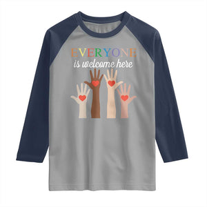 Everyone Is Welcome Here Raglan Shirt Equality Fist Hands Hearts TS02 Sport Gray Navy Print Your Wear