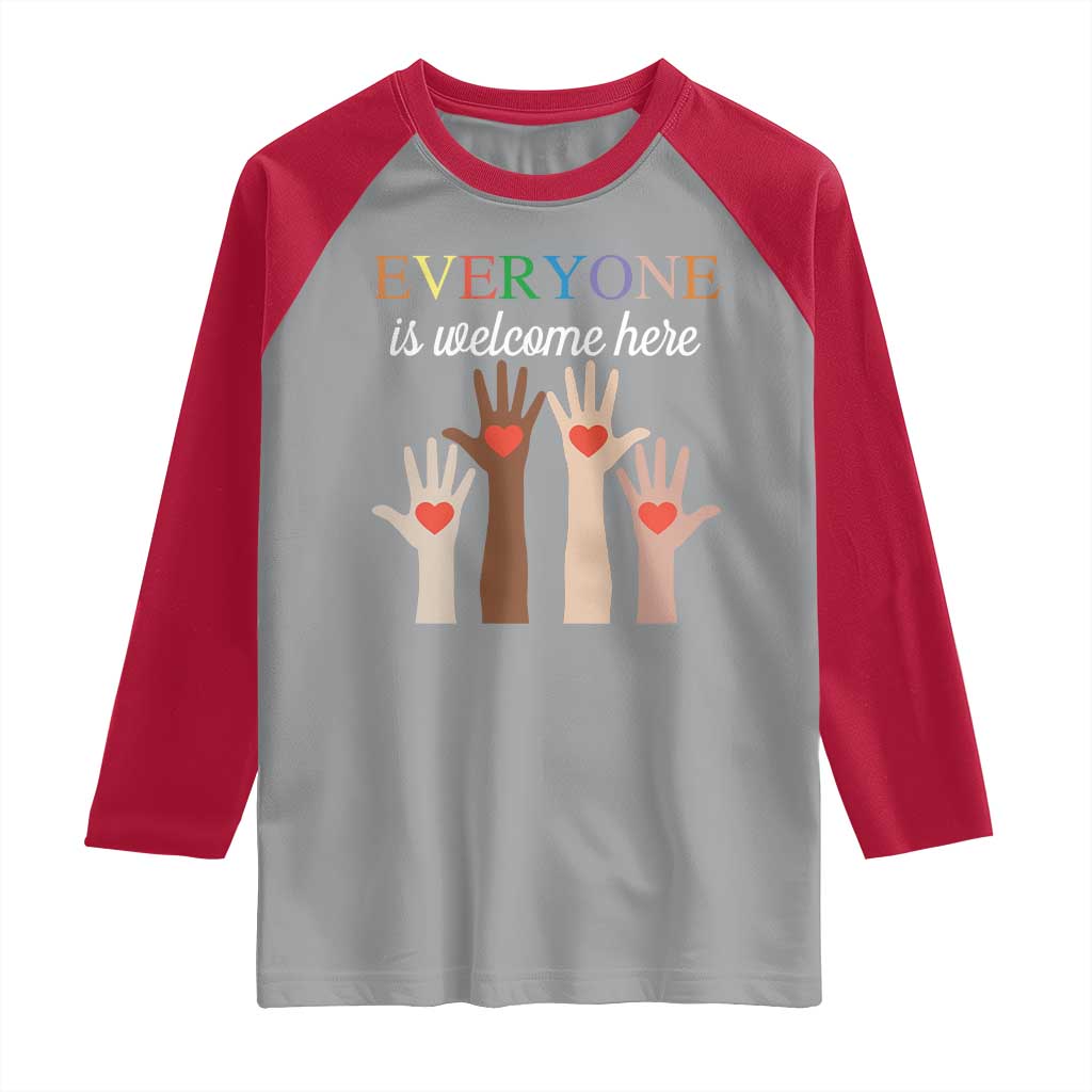 Everyone Is Welcome Here Raglan Shirt Equality Fist Hands Hearts TS02 Sport Gray Red Print Your Wear