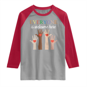 Everyone Is Welcome Here Raglan Shirt Equality Fist Hands Hearts TS02 Sport Gray Red Print Your Wear
