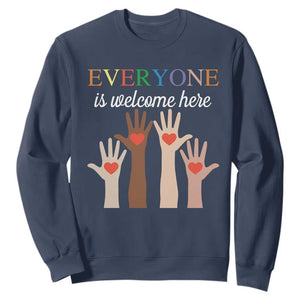 Everyone Is Welcome Here Sweatshirt Equality Fist Hands Hearts TS02 Navy Print Your Wear
