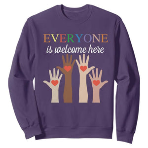 Everyone Is Welcome Here Sweatshirt Equality Fist Hands Hearts TS02 Purple Print Your Wear