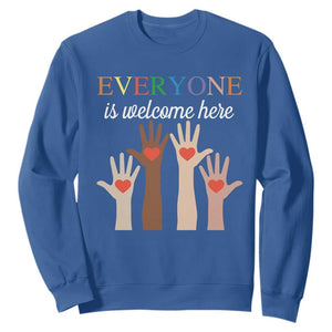 Everyone Is Welcome Here Sweatshirt Equality Fist Hands Hearts TS02 Royal Blue Print Your Wear
