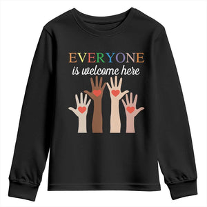 Everyone Is Welcome Here Youth Sweatshirt Equality Fist Hands Hearts TS02 Black Print Your Wear