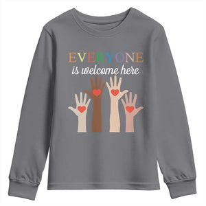 Everyone Is Welcome Here Youth Sweatshirt Equality Fist Hands Hearts TS02 Charcoal Print Your Wear