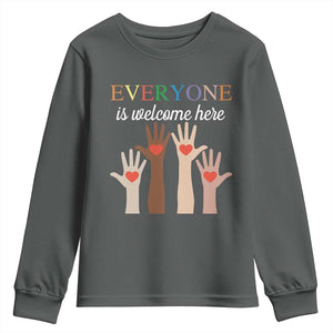 Everyone Is Welcome Here Youth Sweatshirt Equality Fist Hands Hearts TS02 Dark Heather Print Your Wear