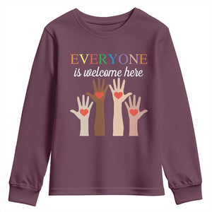 Everyone Is Welcome Here Youth Sweatshirt Equality Fist Hands Hearts TS02 Maroon Print Your Wear