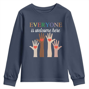 Everyone Is Welcome Here Youth Sweatshirt Equality Fist Hands Hearts TS02 Navy Print Your Wear