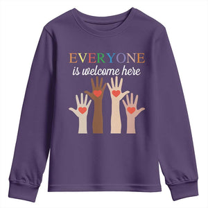 Everyone Is Welcome Here Youth Sweatshirt Equality Fist Hands Hearts TS02 Purple Print Your Wear