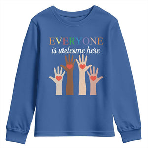 Everyone Is Welcome Here Youth Sweatshirt Equality Fist Hands Hearts TS02 Royal Blue Print Your Wear