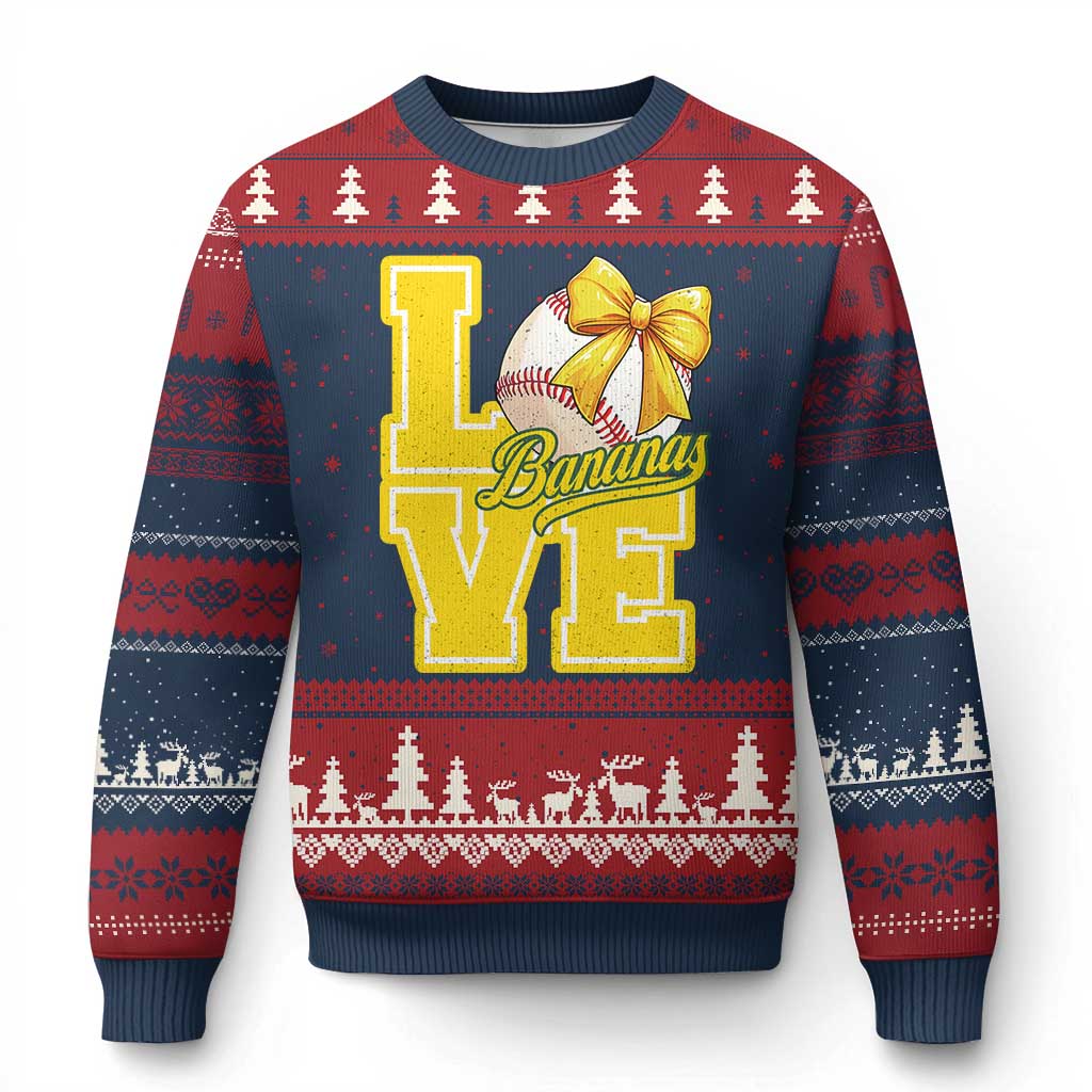 Vintage Banana Coquette Bow Ugly Christmas Sweater LOVE Baseball Fan Sport Lover TS02 Navy Red Print Your Wear