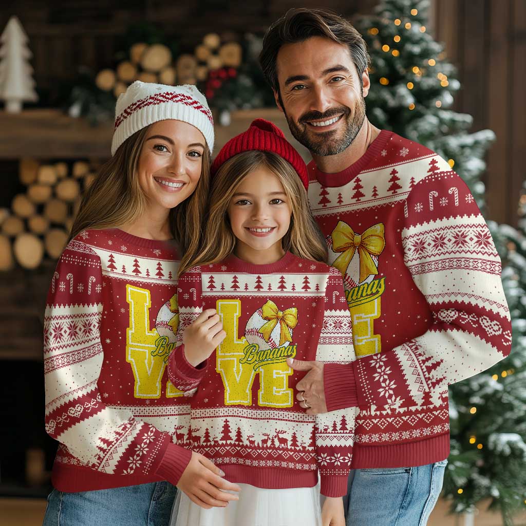 Vintage Banana Coquette Bow Ugly Christmas Sweater LOVE Baseball Fan Sport Lover TS02 Red Beige Print Your Wear