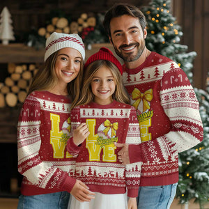 Vintage Banana Coquette Bow Ugly Christmas Sweater LOVE Baseball Fan Sport Lover TS02 Red Beige Print Your Wear