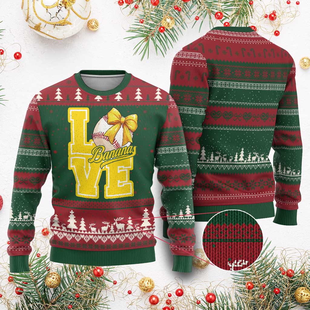 Vintage Banana Coquette Bow Ugly Christmas Sweater LOVE Baseball Fan Sport Lover TS02 Red Green Print Your Wear