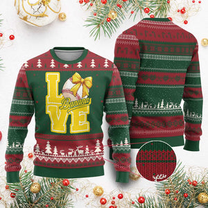 Vintage Banana Coquette Bow Ugly Christmas Sweater LOVE Baseball Fan Sport Lover TS02 Red Green Print Your Wear