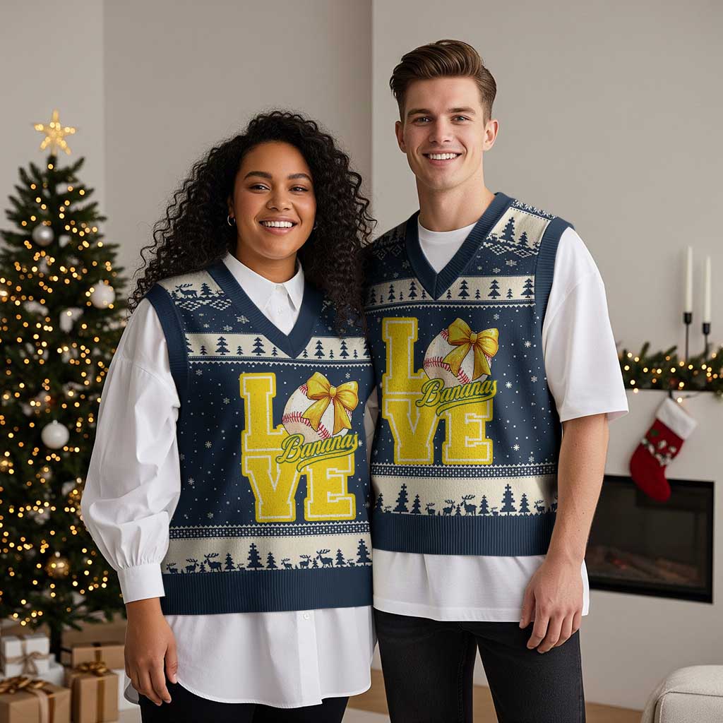 Vintage Banana Coquette Bow V-Neck Knit Sweater Vest LOVE Baseball Fan Sport Lover TS02 Navy Beige Print Your Wear