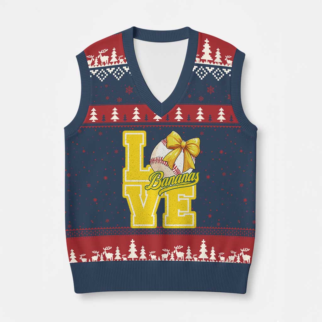 Vintage Banana Coquette Bow V-Neck Knit Sweater Vest LOVE Baseball Fan Sport Lover TS02 Navy Red Print Your Wear