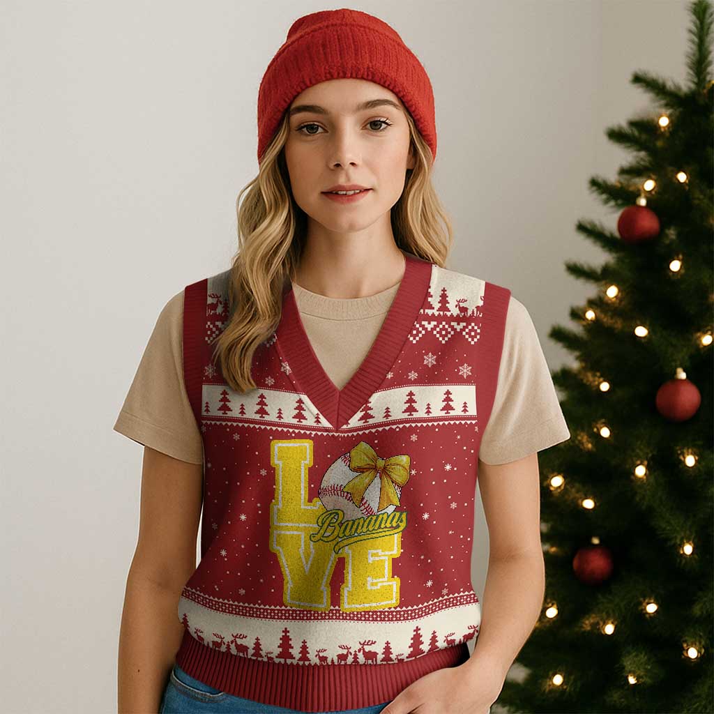 Vintage Banana Coquette Bow V-Neck Knit Sweater Vest LOVE Baseball Fan Sport Lover TS02 Red Beige Print Your Wear